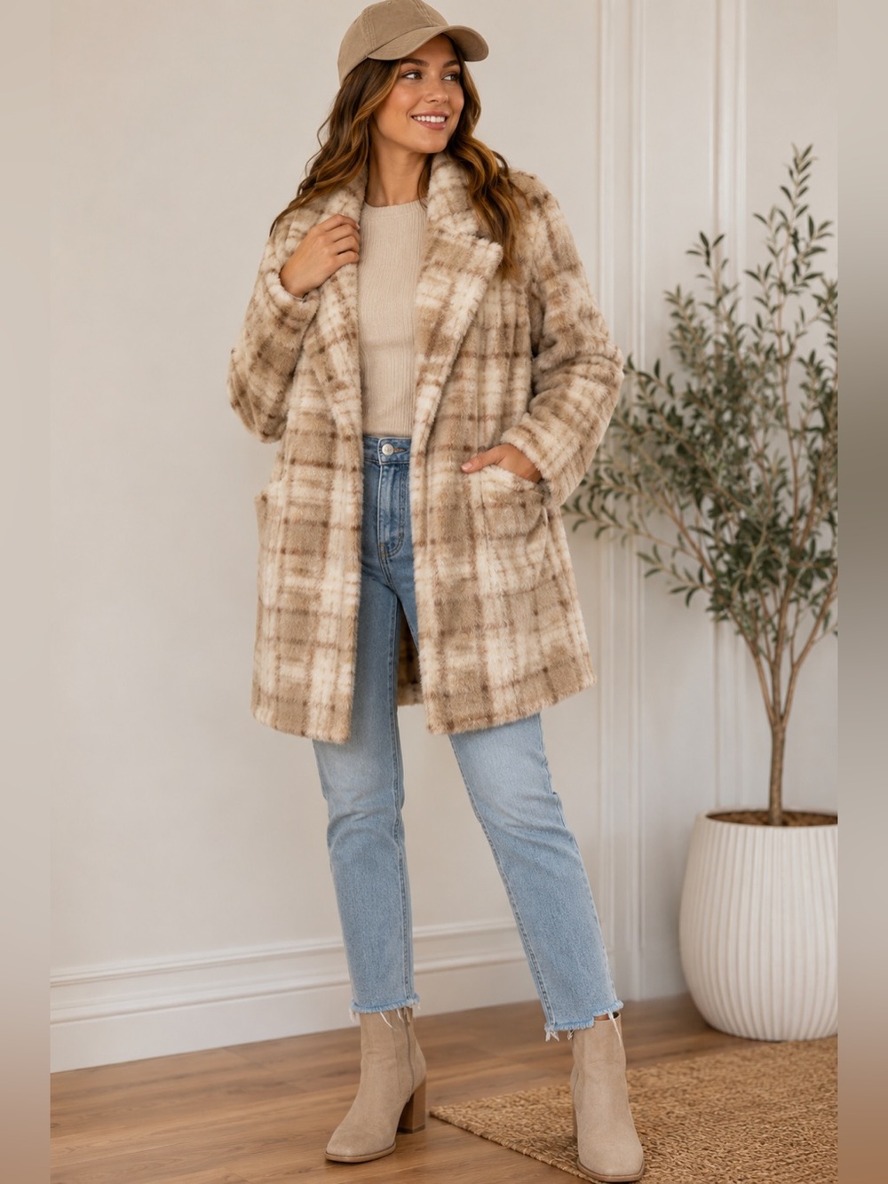 Lush Cream Toffee Plaid Faux Fur Teddy Coat Women’s Small Oversized NWOT